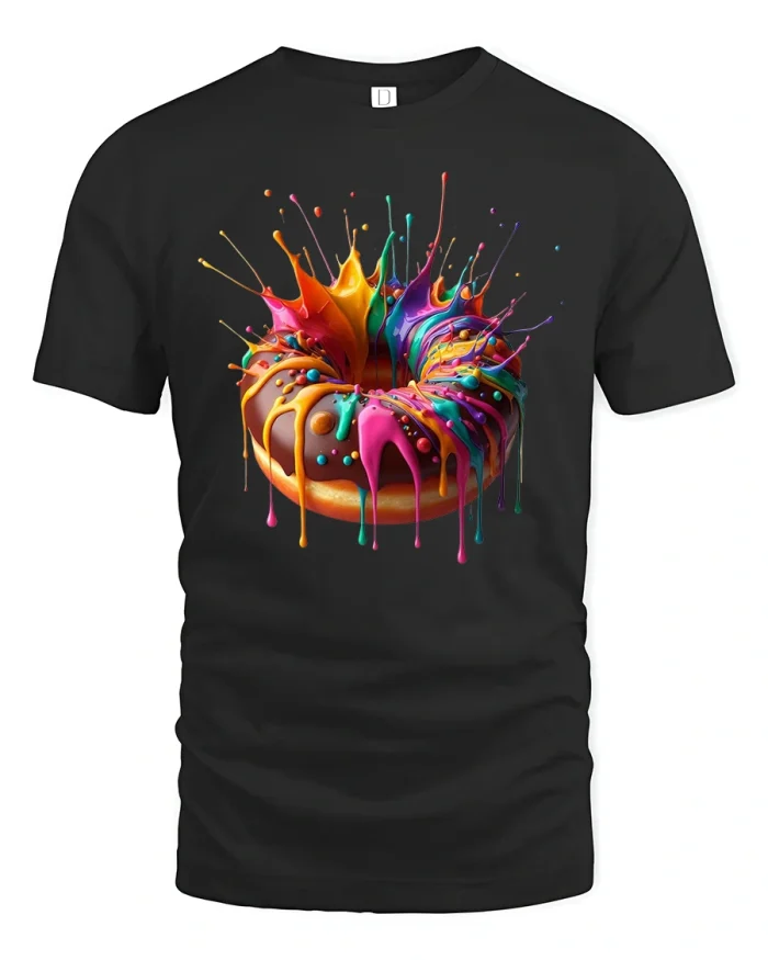 Color Splash Donut Art Tee with Vibrant Dripping Candy Design - black t-shirt on white background