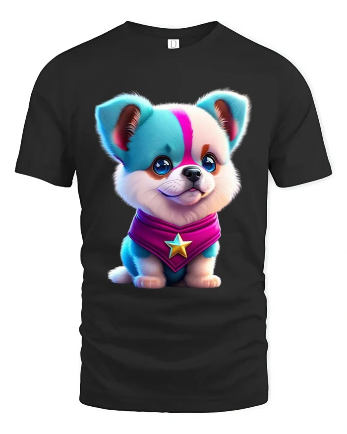 Cute Colorful Puppy Star Tee with Adorable Bright Dog Artwork - black t-shirt on white background