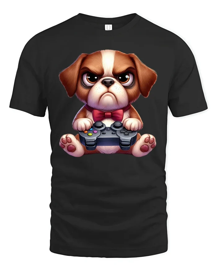 Grumpy Gamer Puppy Tee with Cute Dog and Controller Artwork - black t-shirt on white background