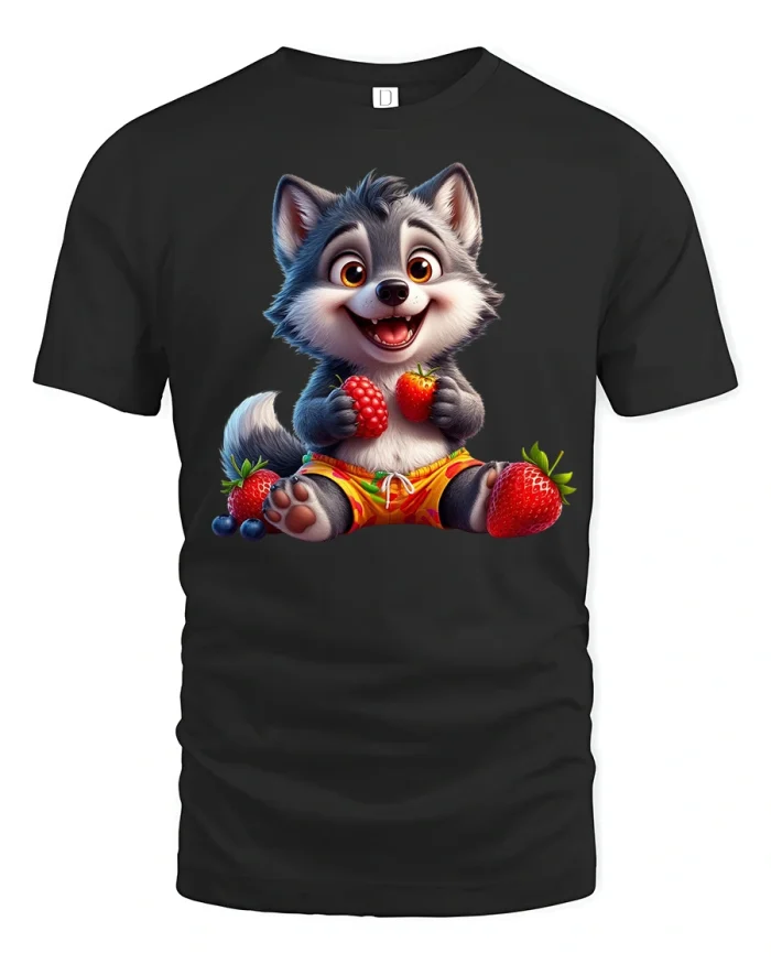 Cute Berry Wolf Pup Tee with Adorable Fruit Loving Art Design - black t-shirt on white background