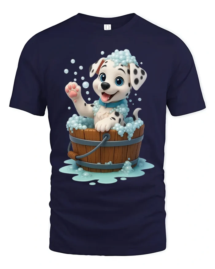 Cute Bathing Dalmatian Puppy Tee with Adorable Bubble Art - navy t-shirt on white background