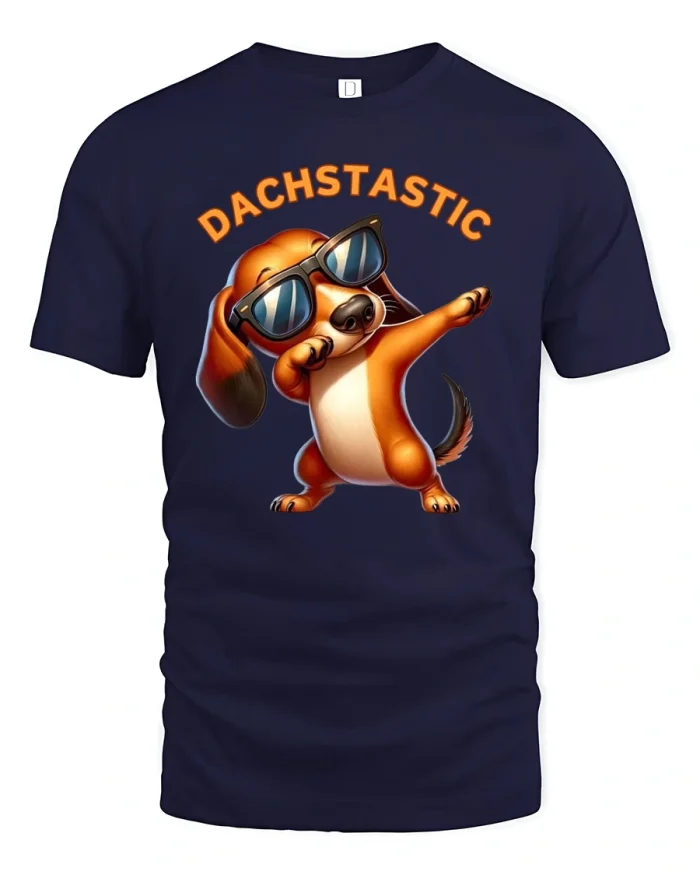 Funny DachsTastic Dachshund Tee with Cool Sunglasses Pup Art - navy t-shirt on white background