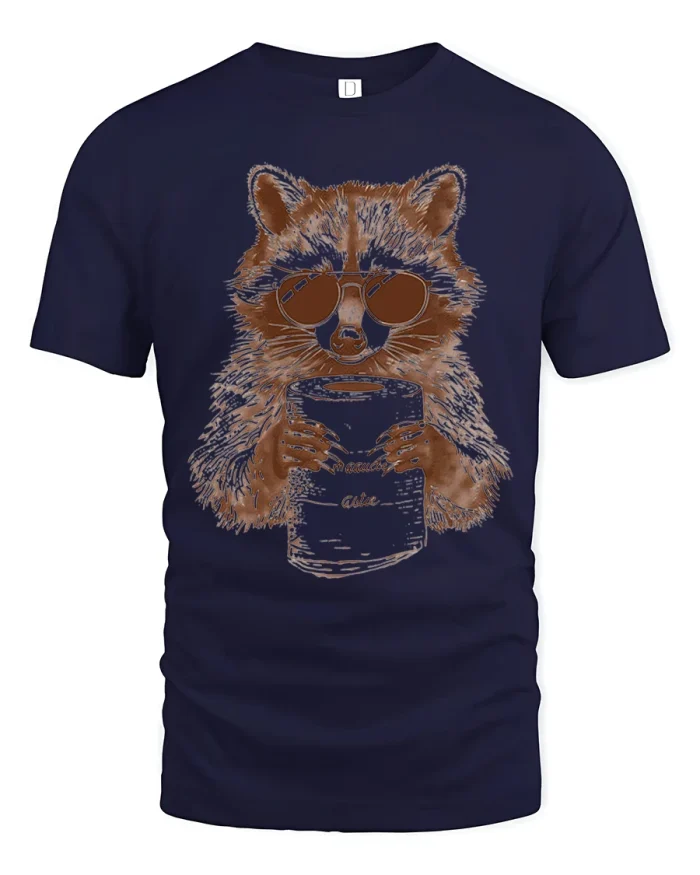 Cool Coffee Raccoon Tee with Stylish Sunglasses Animal Art - navy t-shirt on white background