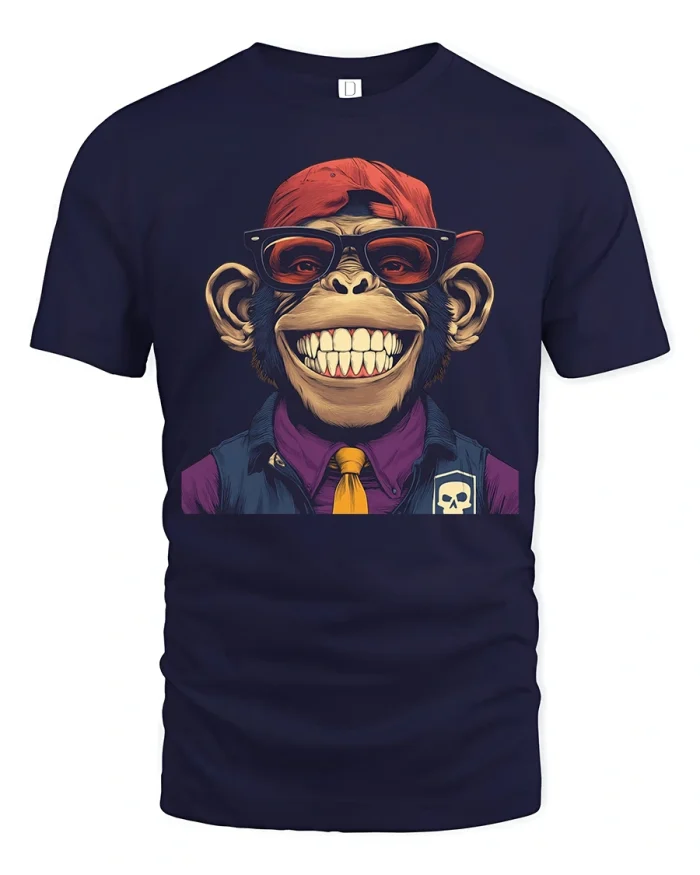 Cool Smiling Monkey Tee with Hipster Shades and Street Style Art - navy t-shirt on white background