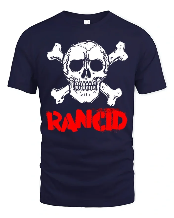 Punk Skull Bones Tee with Bold Red Graphic Grunge Artwork - navy t-shirt on white background