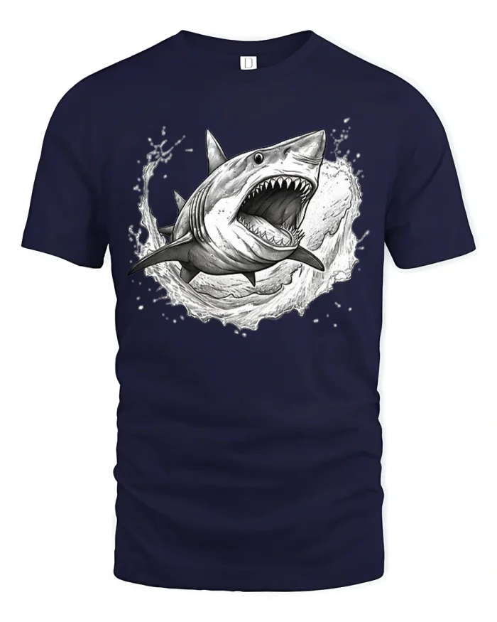 Epic Great White Shark Tee with Powerful Splash Art Graphic - navy t-shirt on white background