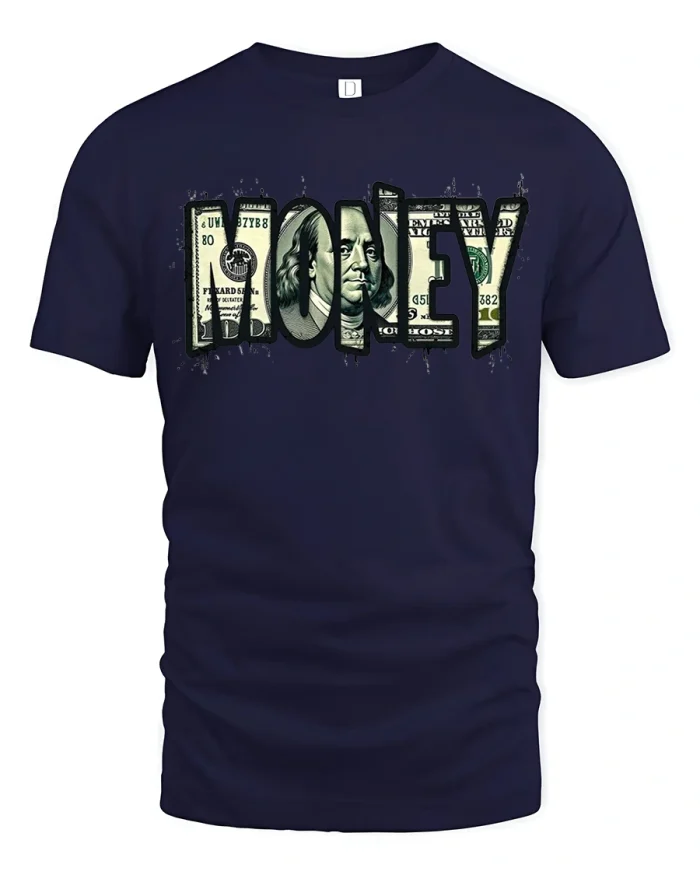 Bold Money Graphic Tee with Hundred Dollar Bill Artwork - navy t-shirt on white background