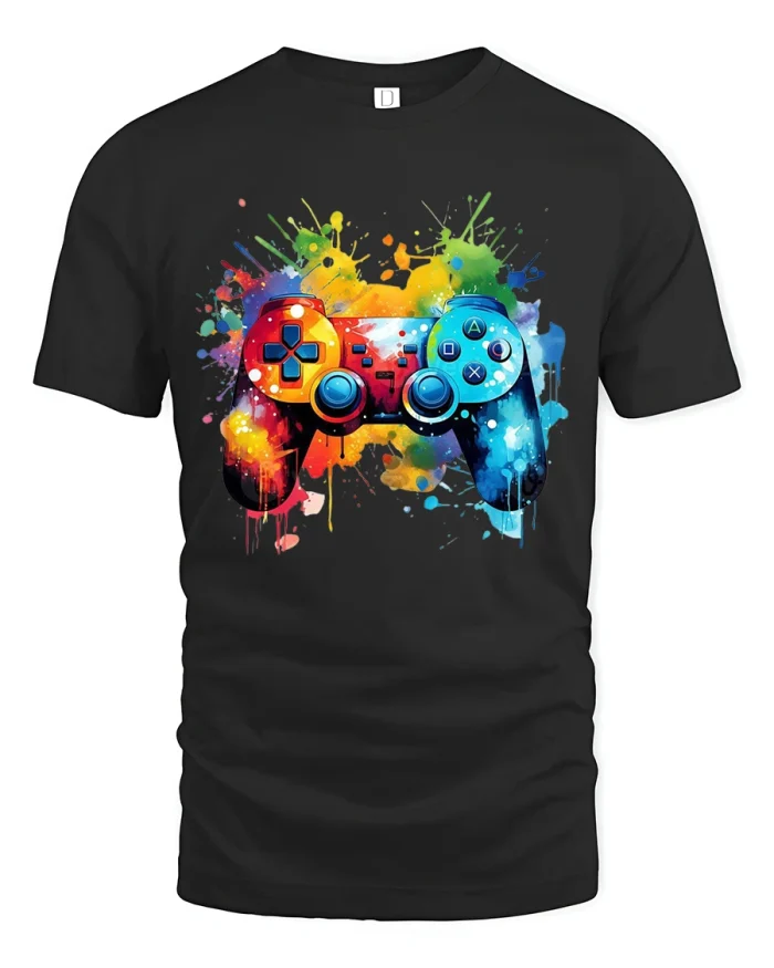 Color Splash Gamer Tee with Vibrant Controller Art Design - black t-shirt on white background
