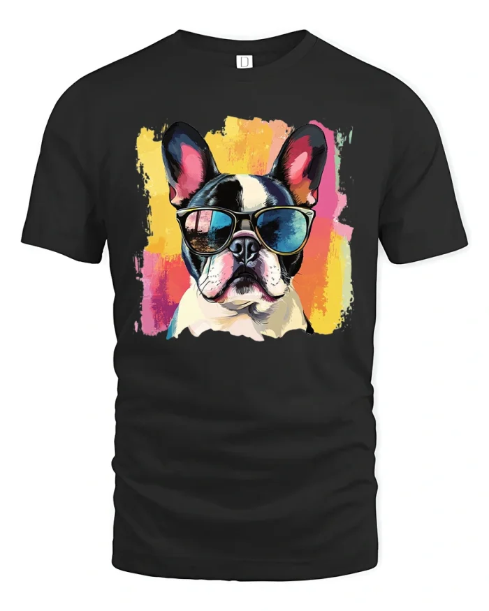 Cool Bulldog Tee with Retro Sunglasses and Color Splash Art - black t-shirt on white background