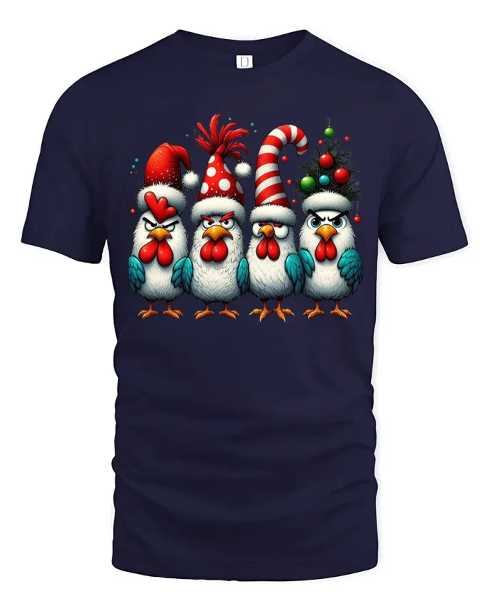 Funny Christmas Chickens Tee with Santa Hats Holiday Humor - navy t-shirt on white background