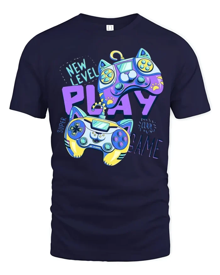 Playful Cat Gamer Tee New Level Neon Game Controller Tshirt - navy t-shirt on white background