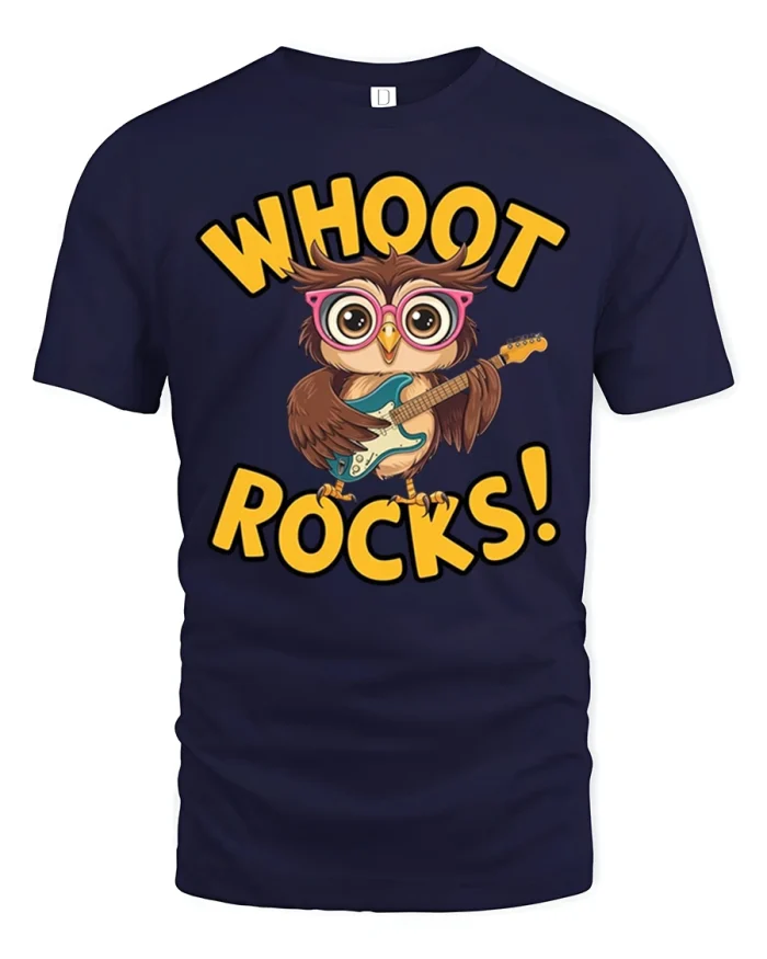 Whoot Rocks Owl Guitar Tee Cute Rocking Owl Graphic Tshirt - navy t-shirt on white background