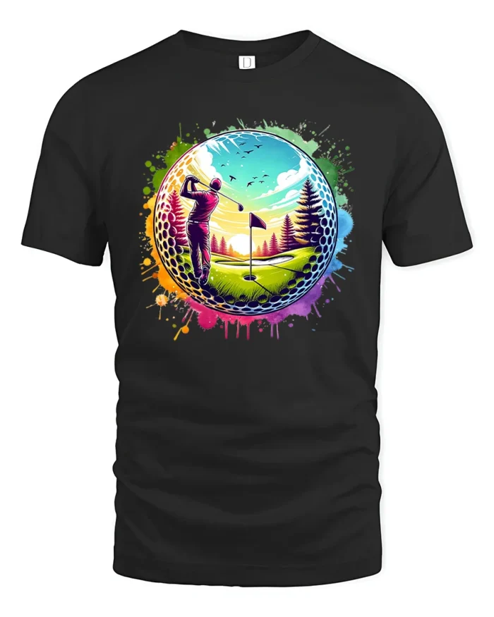 Vibrant Golf Swing Art Tee with Color Splash Landscape Style - black t-shirt on white background