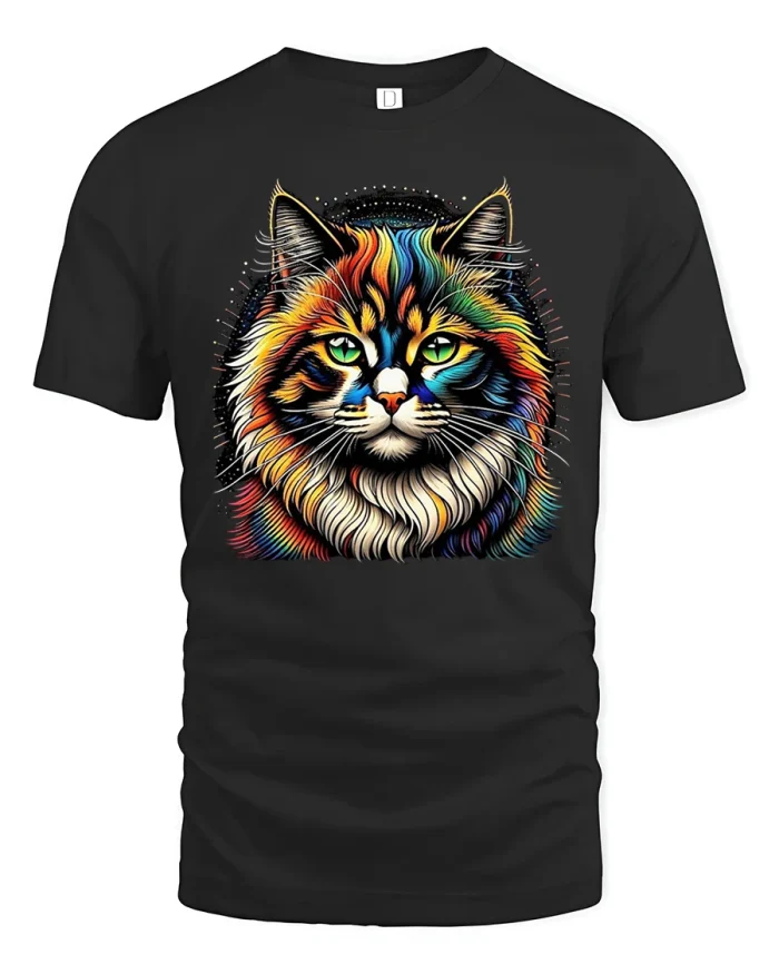 Vibrant Colorful Cat Art Tee with Bright Detailed Feline Design - black t-shirt on white background