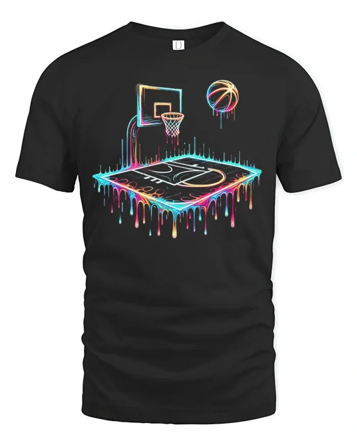 Neon Drip Basketball Court Art Tee with Vibrant Hoop Graphic - black t-shirt on white background