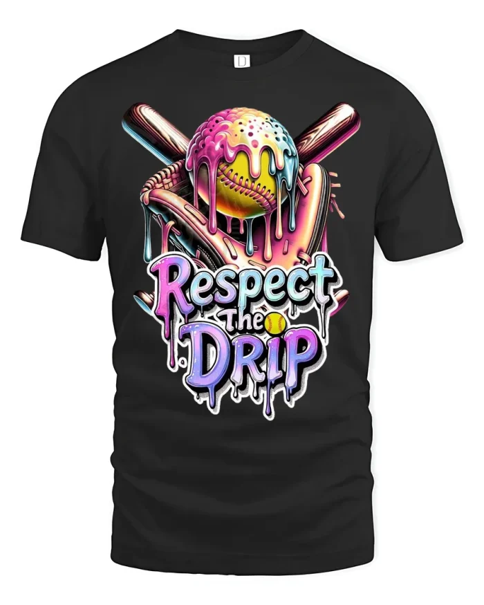 Respect The Drip Softball Tee with Colorful Dripping Ball Art - black t-shirt on white background
