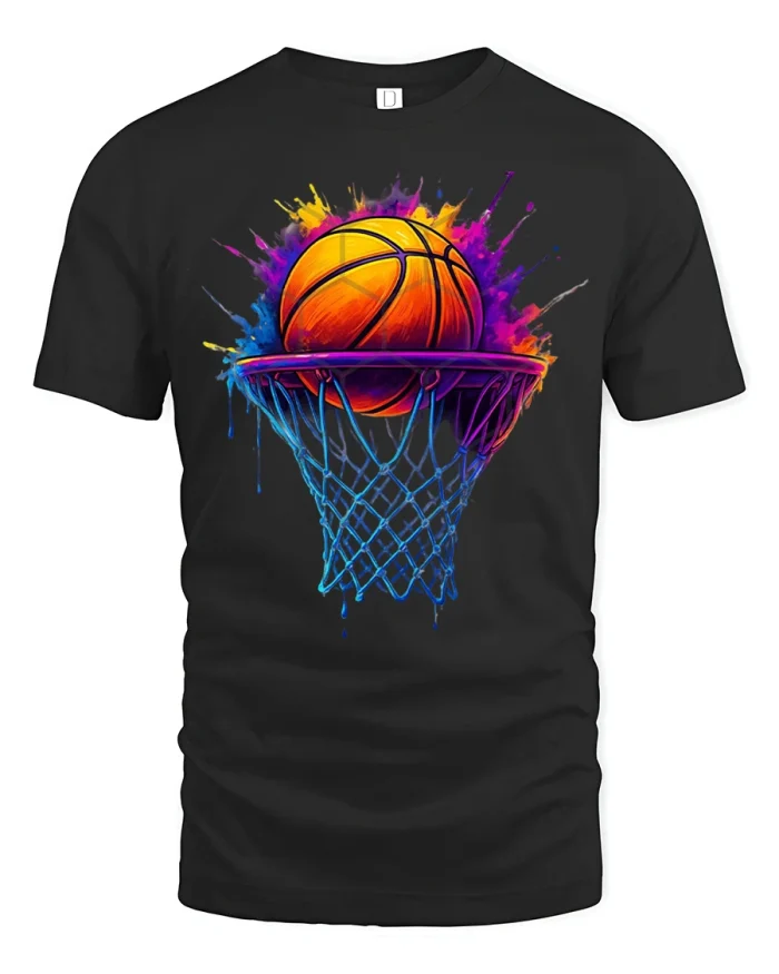 Vibrant Basketball Splash Art Tee with Colorful Net Graphic - black t-shirt on white background