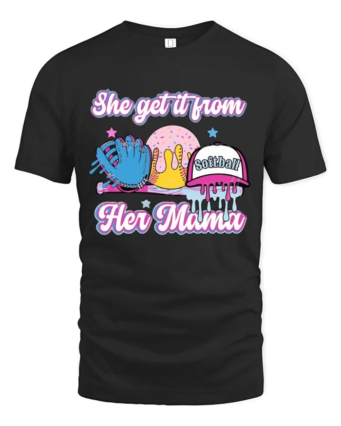 She Get It From Her Mama Softball Tee with Cute Drip Art Design - black t-shirt on white background