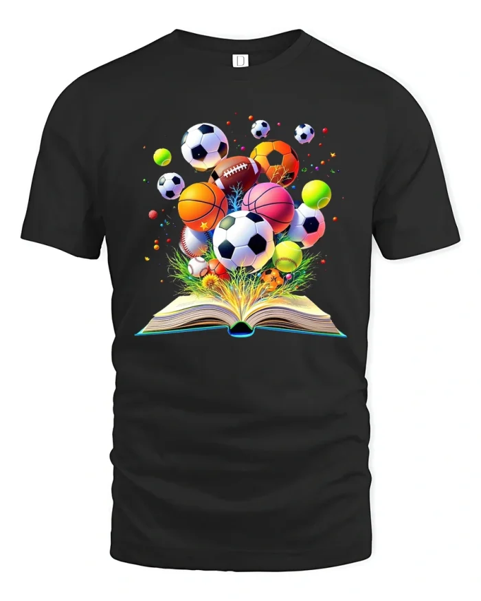 Magical Sports Book Tee with Colorful Ball Explosion Artwork - black t-shirt on white background