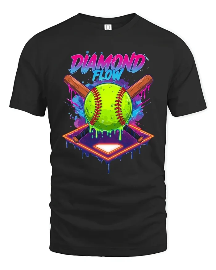 Diamond Flow Softball Tee with Neon Drip Style Ball Artwork - black t-shirt on white background