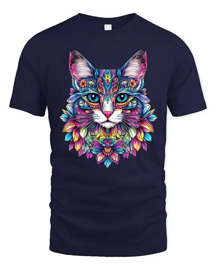 Colorful Floral Cat Art Tee with Bright Mandala Style Design - navy t-shirt on white background