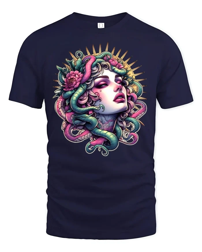 Vibrant Medusa Art Tee with Colorful Snake Hair Illustration - navy t-shirt on white background