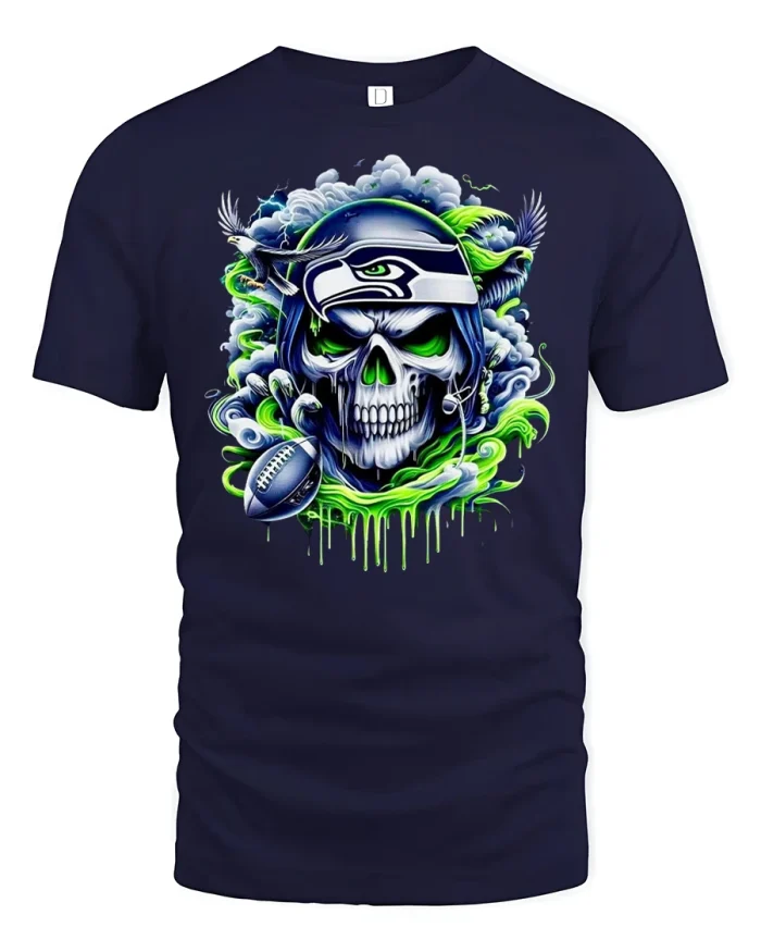 Neon Skull Football Tee with Intense Green Smoke Artwork - navy t-shirt on white background