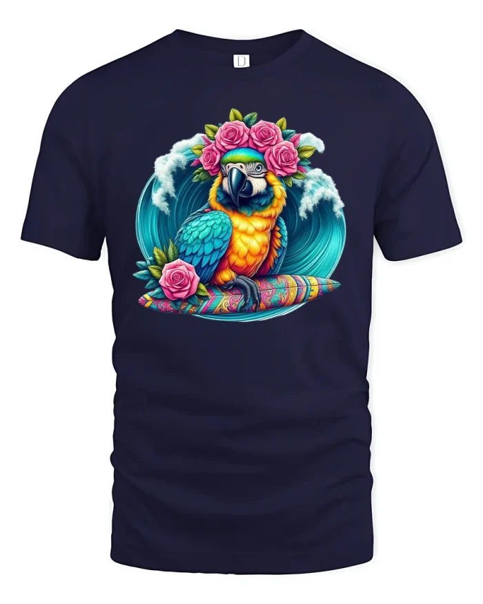 Tropical Surfing Parrot Tee with Colorful Floral Beach Art - navy t-shirt on white background