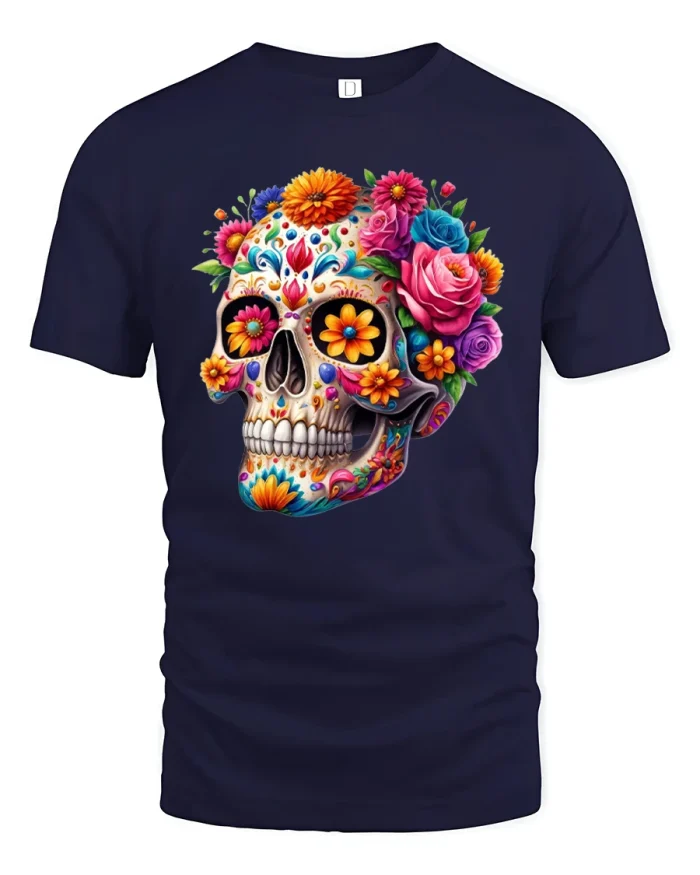 Colorful Floral Skull Tee with Bright Sugar Style Artwork - navy t-shirt on white background
