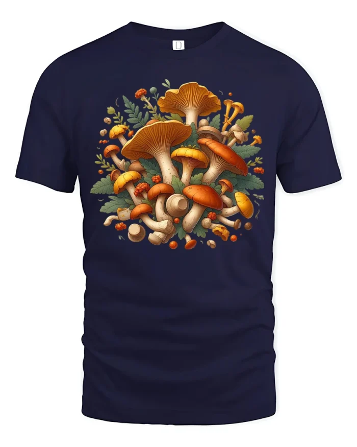 Vibrant Forest Mushroom Tee with Colorful Botanical Artwork - navy t-shirt on white background