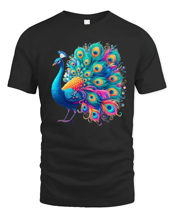 Colorful Peacock Art Tee with Vibrant Feather Design Print - black t-shirt on white background