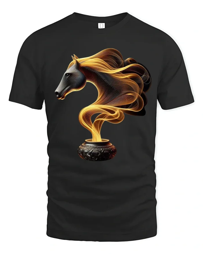 Fire Smoke Horse Tee with Mystical Golden Swirl Art Design - black t-shirt on white background
