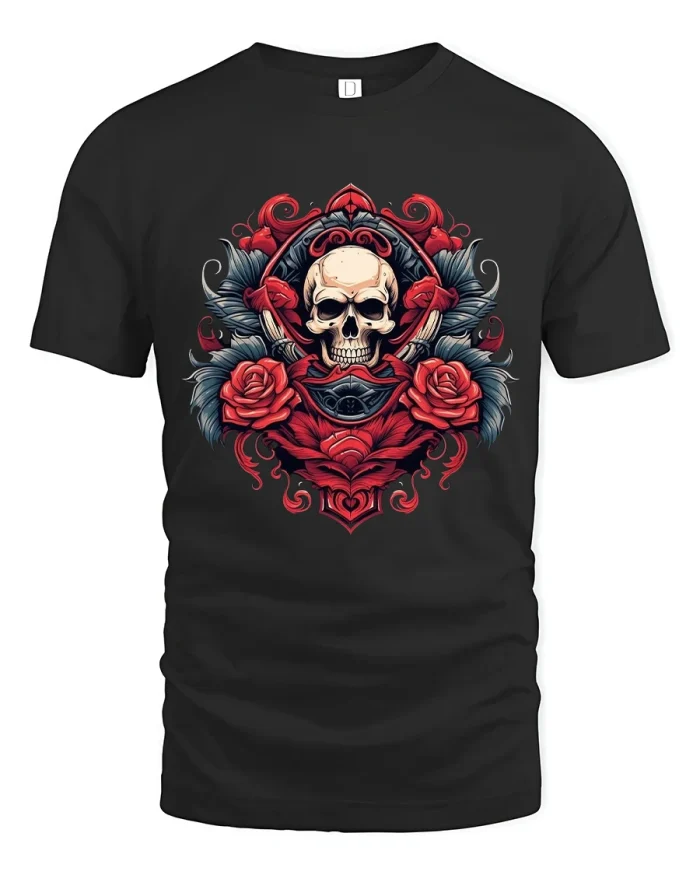 Gothic Skull and Roses Tee with Dark Floral Tattoo Art Style - black t-shirt on white background