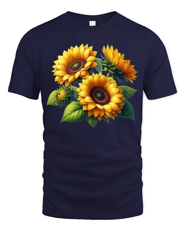 Bright Sunflower Bloom Tee with Bold Summer Floral Art - navy t-shirt on white background
