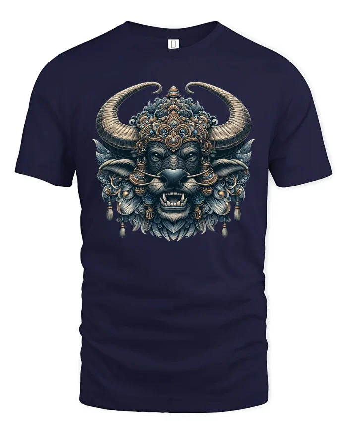Ornate Buffalo Warrior Tee with Tribal Mythic Beast Art - navy t-shirt on white background