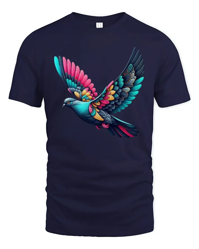 Colorful Flying Dove Tee with Vibrant Artistic Wing Design - navy t-shirt on white background
