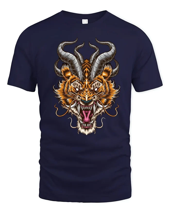 Fierce Horned Tiger Tee with Wild Mythical Beast Artwork - navy t-shirt on white background