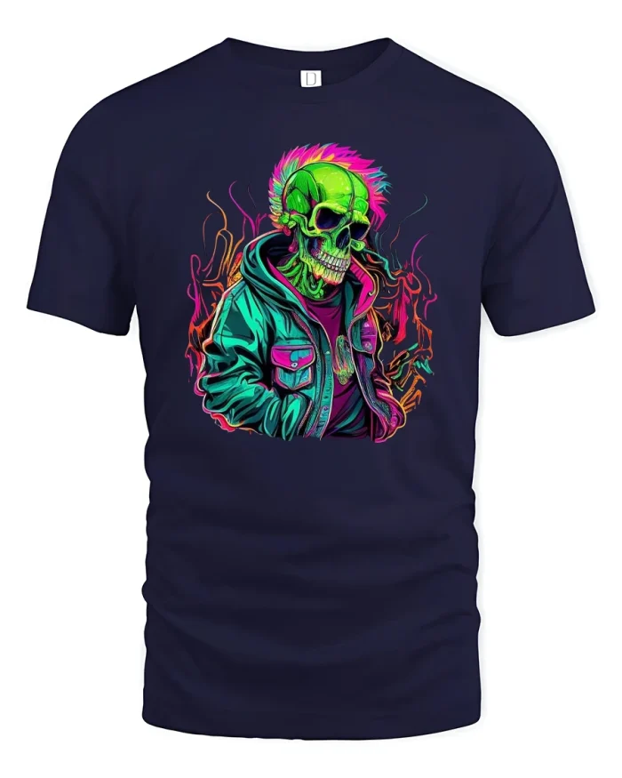 Neon Punk Skeleton Tee with Bold Street Art Graphic Style - navy t-shirt on white background