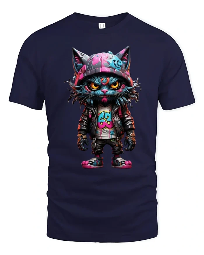 Graffiti Street Cat Tee with Bold Neon Urban Art Style - navy t-shirt on white background