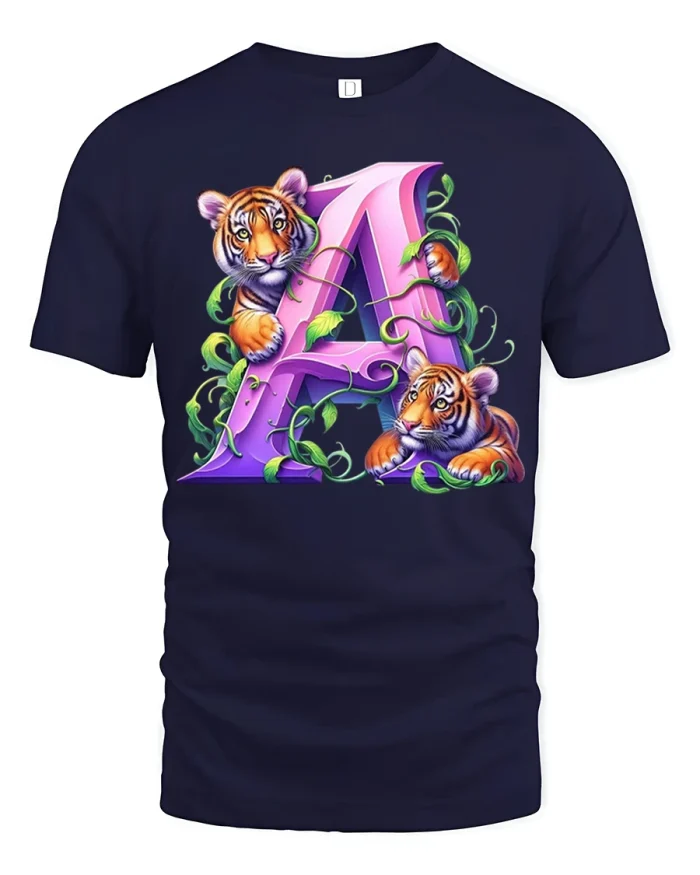 Tiger Cubs Letter A Tee with Cute Jungle Style Artwork - navy t-shirt on white background