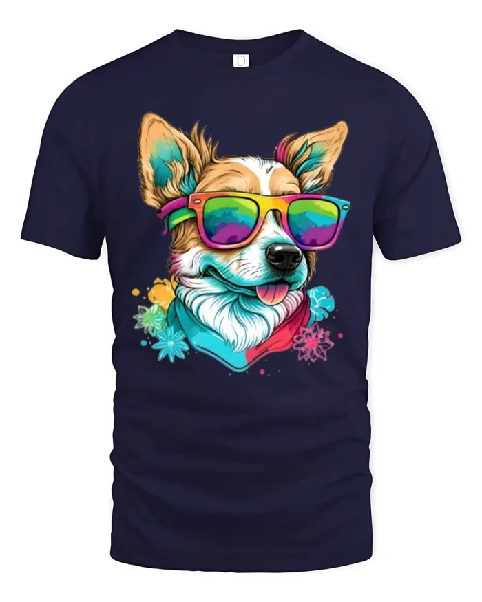 Cool Corgi Sunglasses Tee with Colorful Hipster Dog Art - navy t-shirt on white background