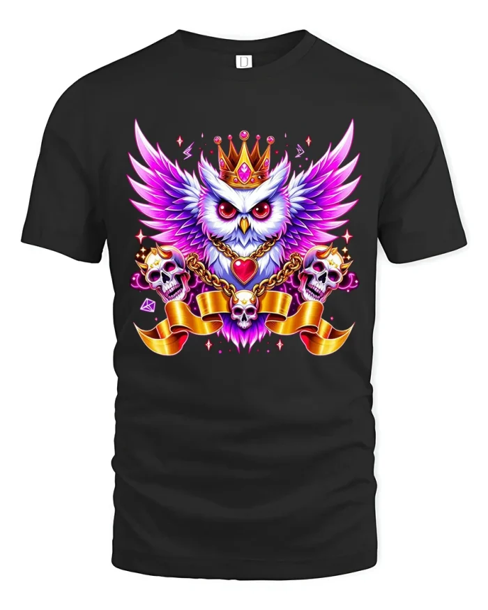 Royal Neon Owl Wings Tee with Skulls and Crown Art Design - black t-shirt on white background