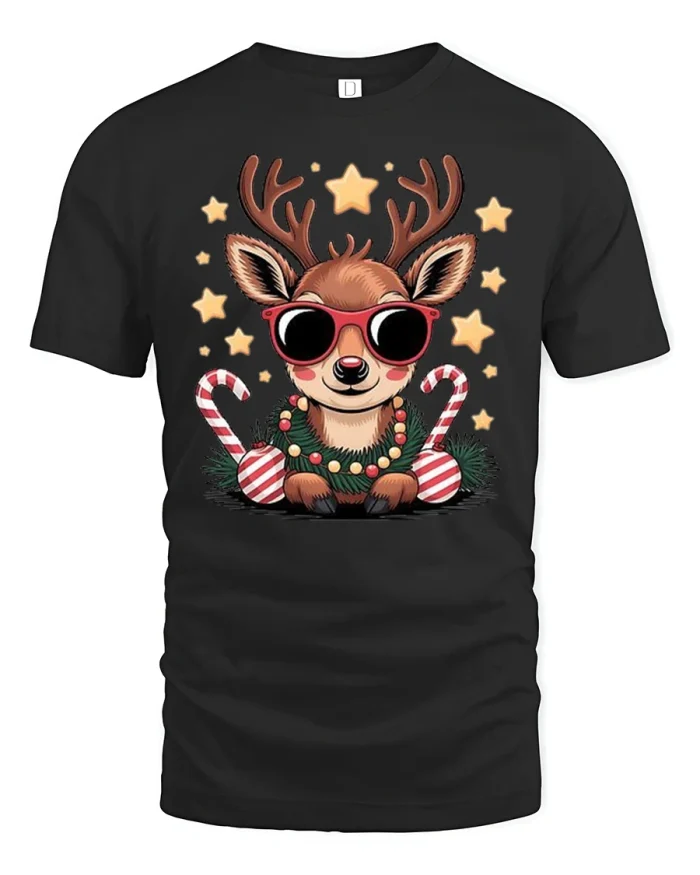 Cool Christmas Reindeer Tee with Sunglasses and Candy Canes - black t-shirt on white background