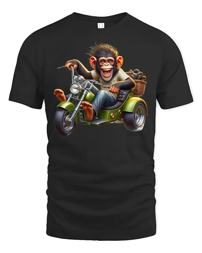 Funny Monkey Biker Tee with Joyride Trike Cartoon Artwork - black t-shirt on white background
