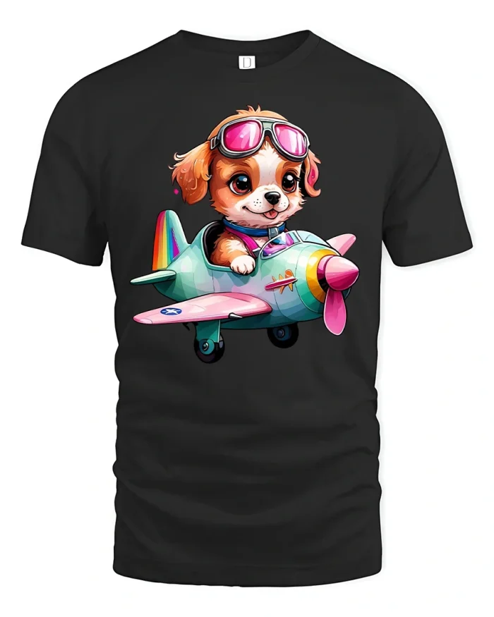 Cute Puppy Pilot Tee with Adorable Cartoon Airplane Art - black t-shirt on white background