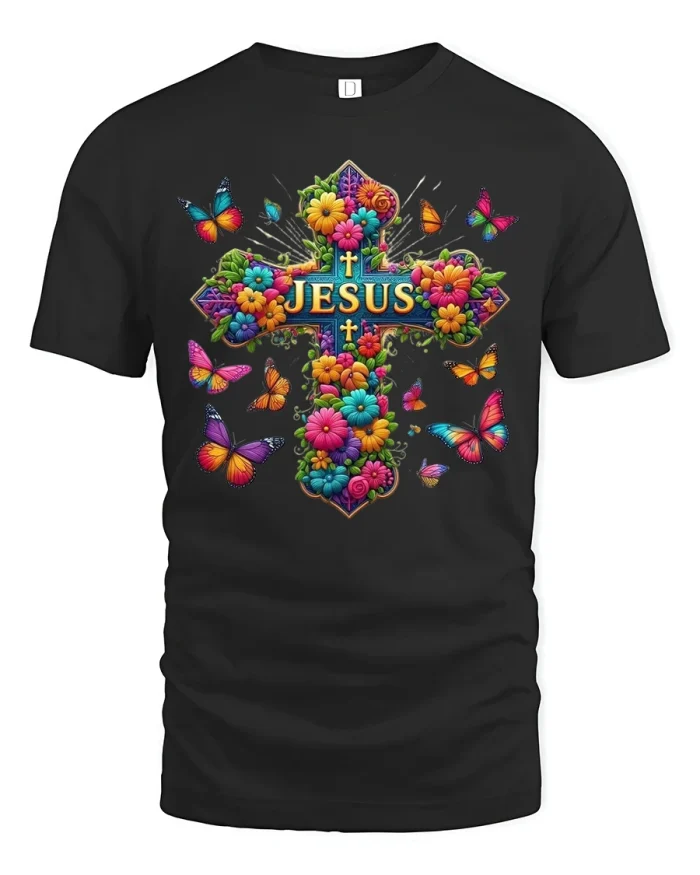 Jesus Floral Cross Tee with Colorful Butterflies and Flowers - black t-shirt on white background