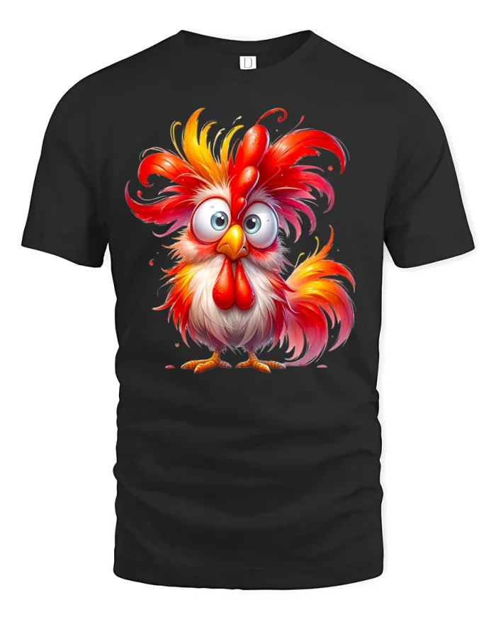 Crazy Rooster Tee with Colorful Funny Cartoon Chicken Art - black t-shirt on white background
