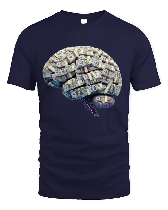 Money Brain Tee with Creative Cash Bundle Design - navy t-shirt on white background
