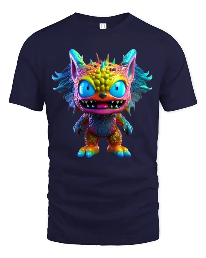 Colorful Monster Tee with Vibrant Cute Creature Design - navy t-shirt on white background