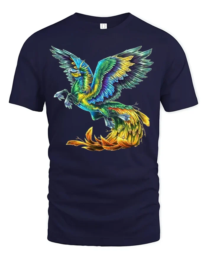 Majestic Rainbow Phoenix Tee with Vibrant Mythical Art - navy t-shirt on white background